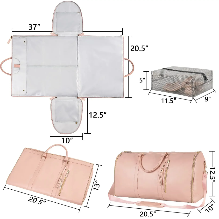 Dimensions of a pink duffel bag and its components on a white background