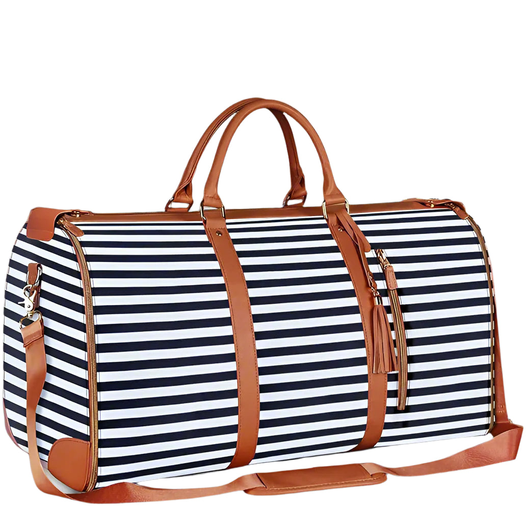 Striped travel bag with brown straps on a white background