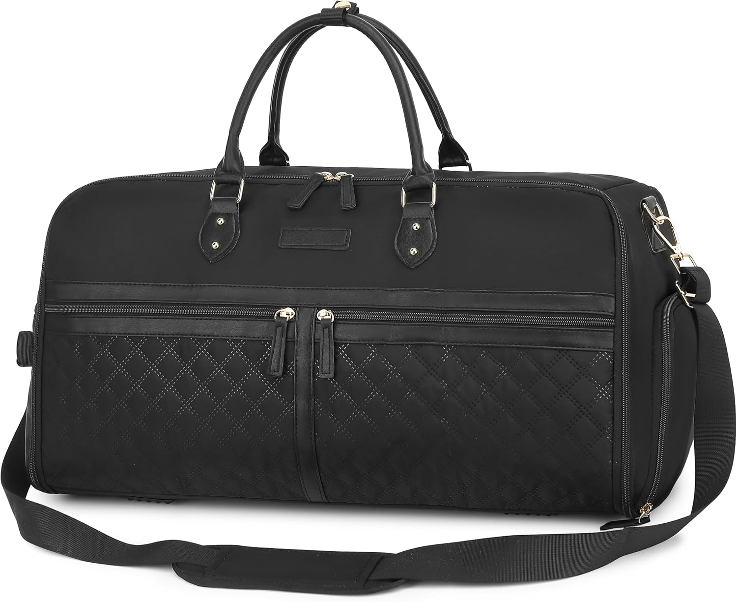 Black duffel bag with quilted pattern on a white background