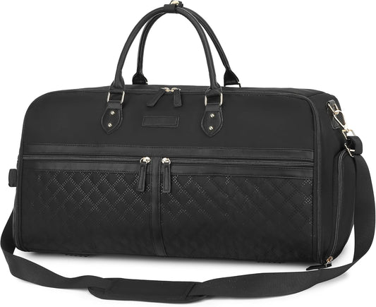 Black duffel bag with quilted pattern on a white background