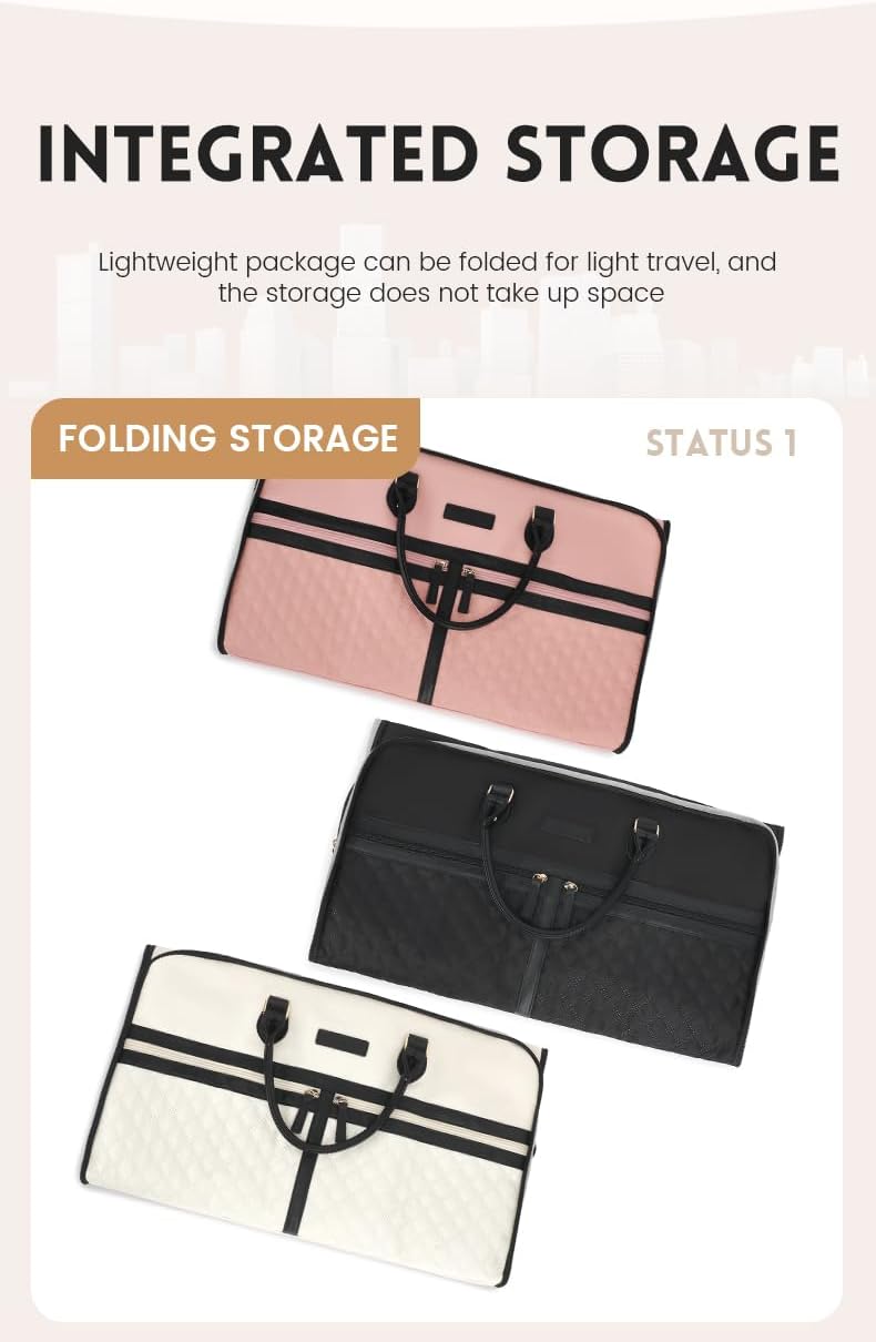 Folding storage bags in pink, black, and white with text about integrated storage.