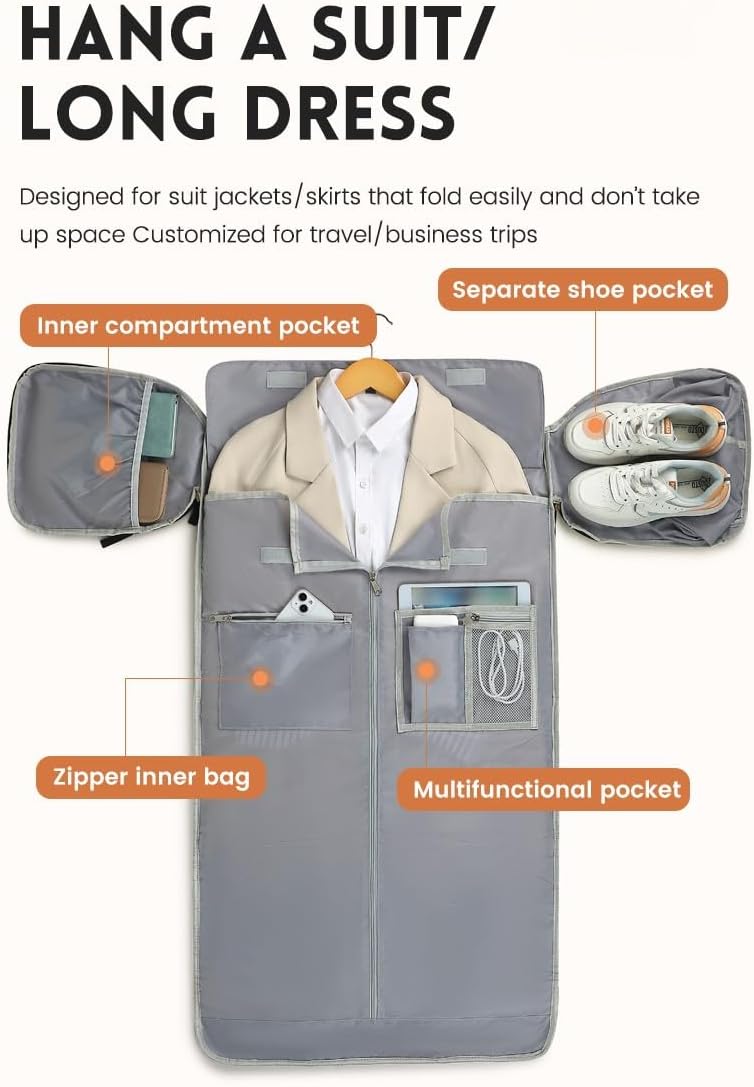 Gray garment bag with compartments for suit, shoes, and accessories on a white background