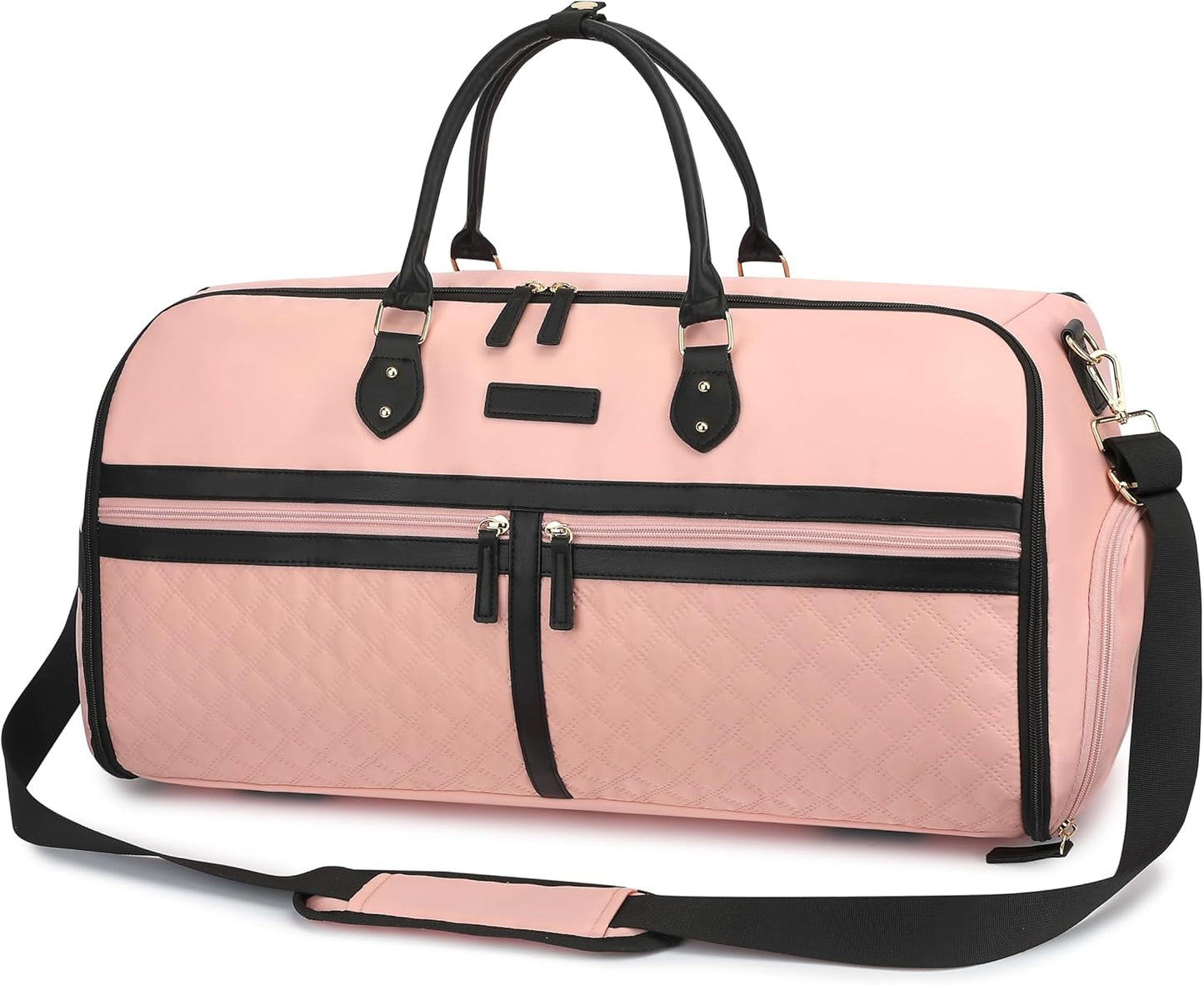 Pink duffel bag with black accents on a white background