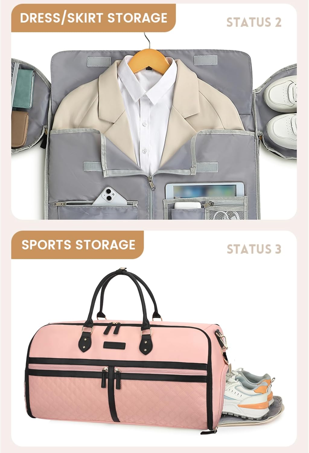 Storage bags for dresses, skirts, and sports equipment with labels indicating status.