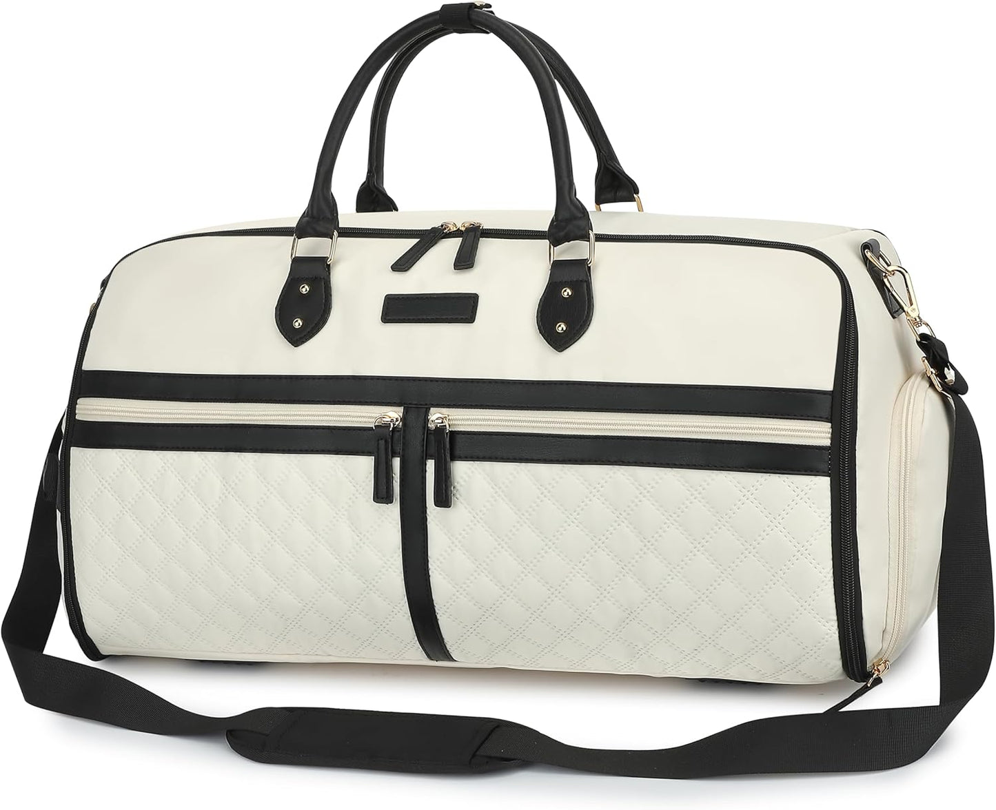 White duffel bag with black accents on a white background