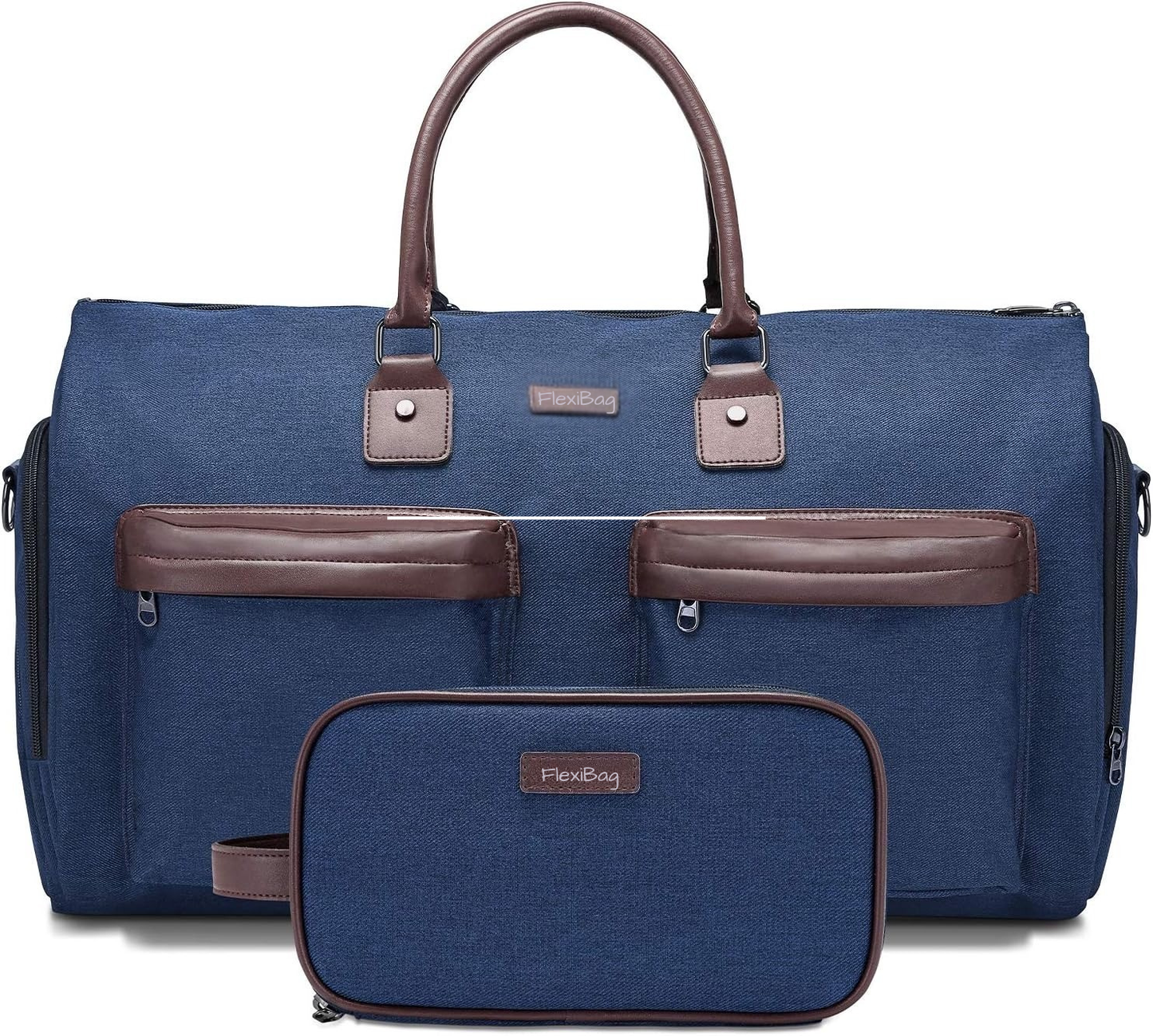 Blue duffel bag with brown accents and matching toiletry bag on a white background