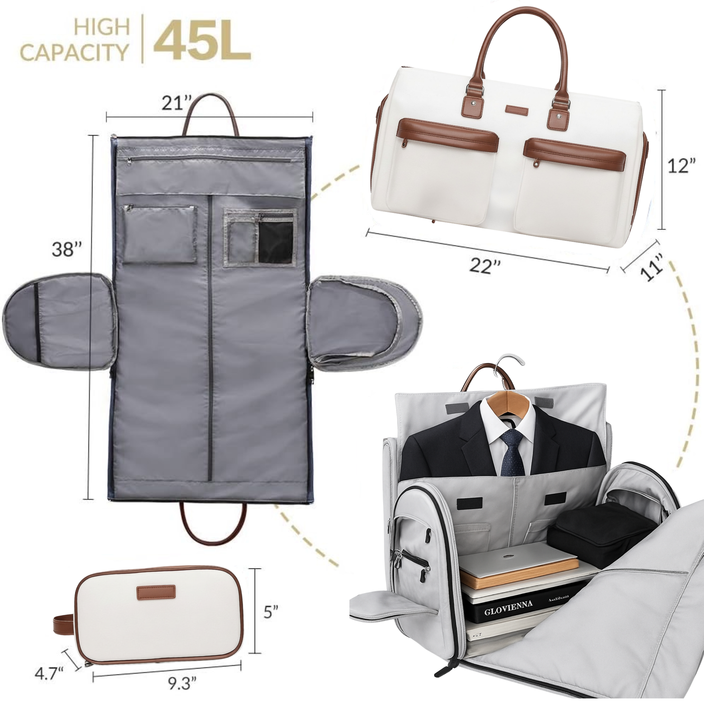 Collage of travel bags with dimensions and features highlighted