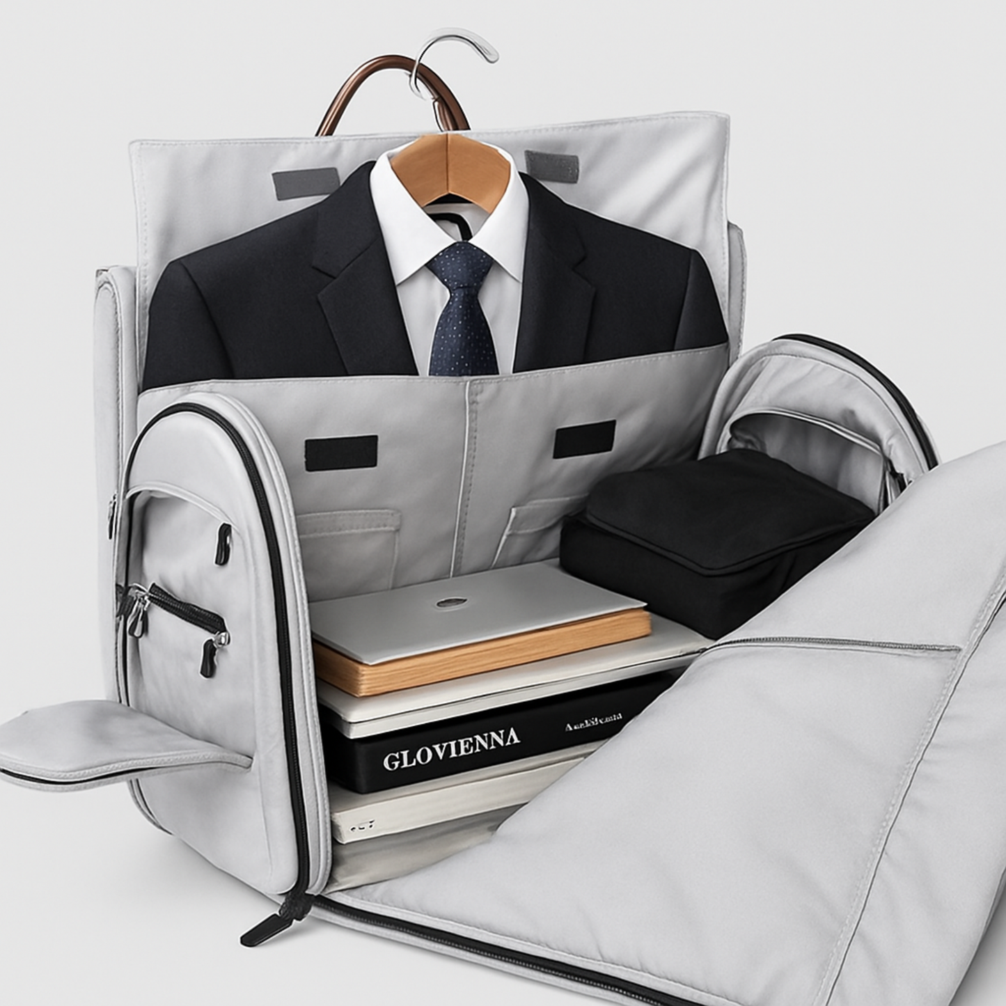 Gray backpack with a suit, tie, laptop, and books inside on a light gray background