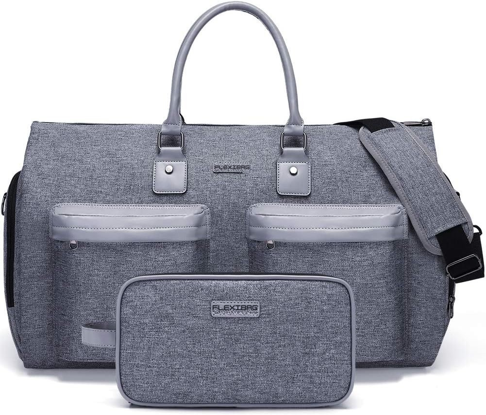 Gray Duffle bag with multiple pockets and a shoulder strap on a white background