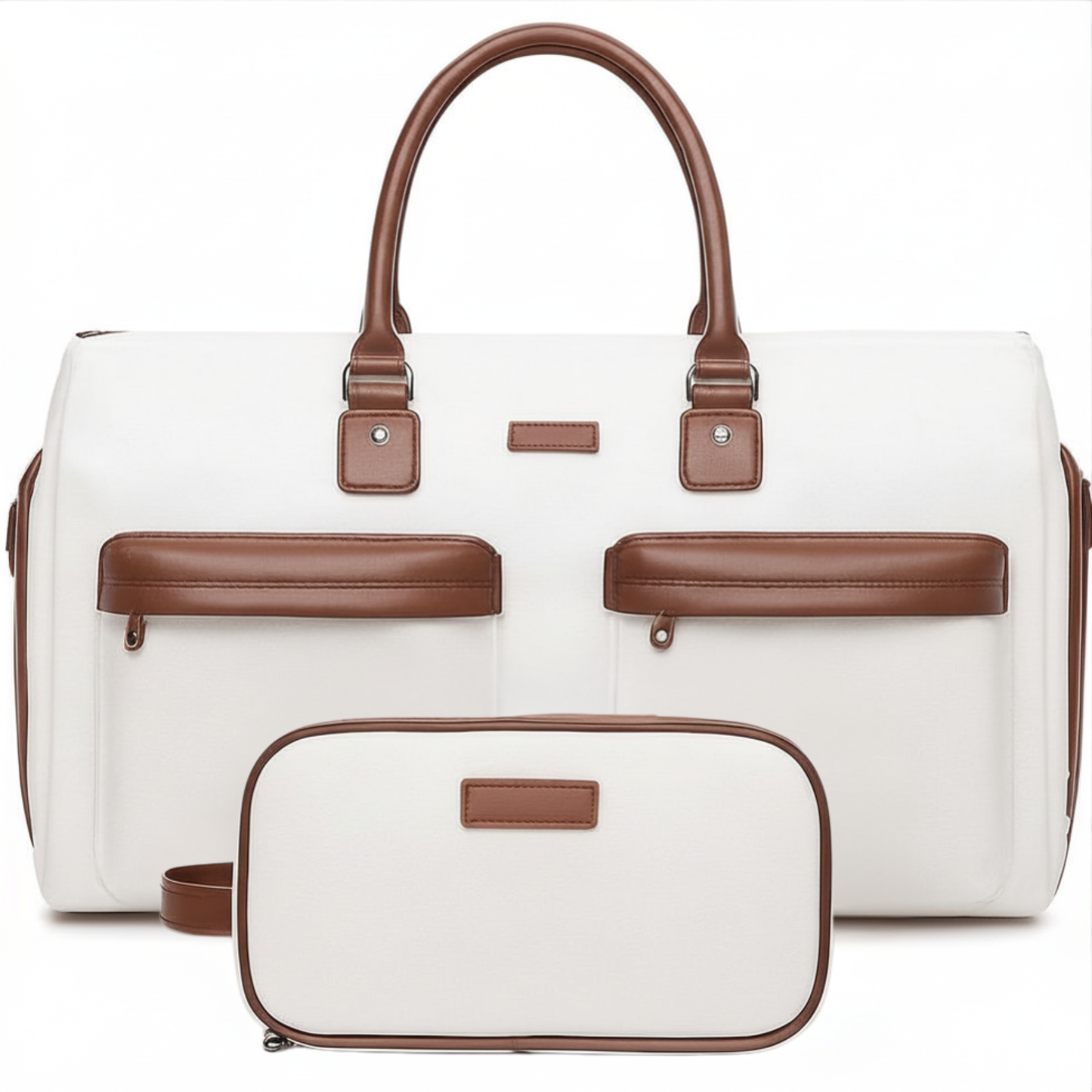White travel bag with brown accents on a white background