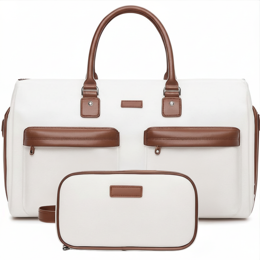 White travel bag with brown accents on a white background