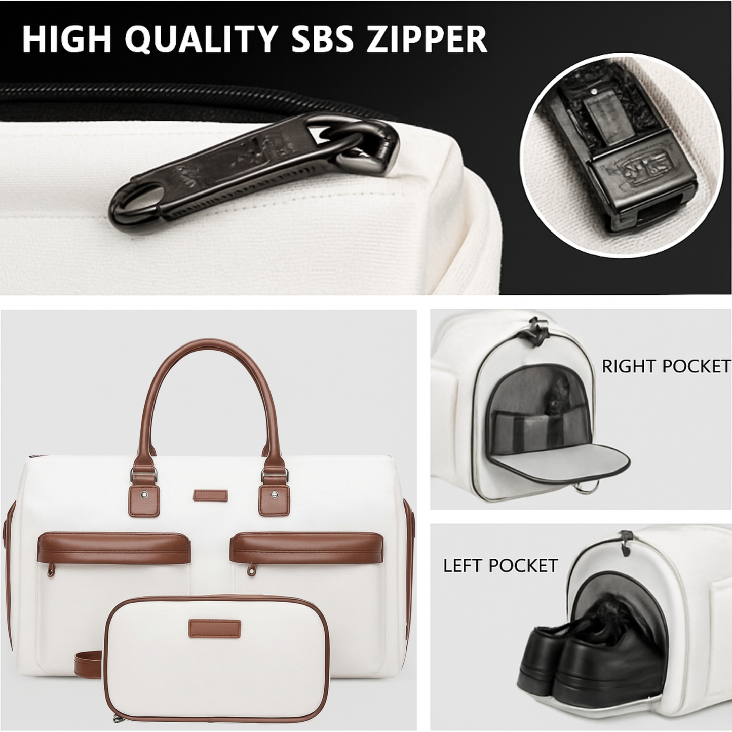White travel Bag with brown accents featuring a high-quality SBS zipper, multiple pockets, and a handle.