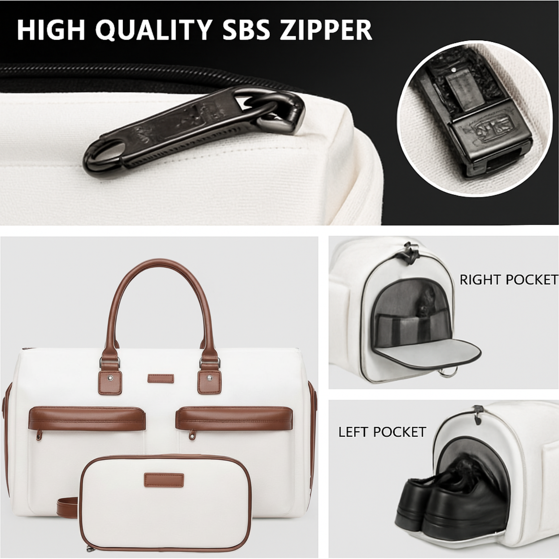 White travel Bag with brown accents featuring a high-quality SBS zipper, multiple pockets, and a handle.