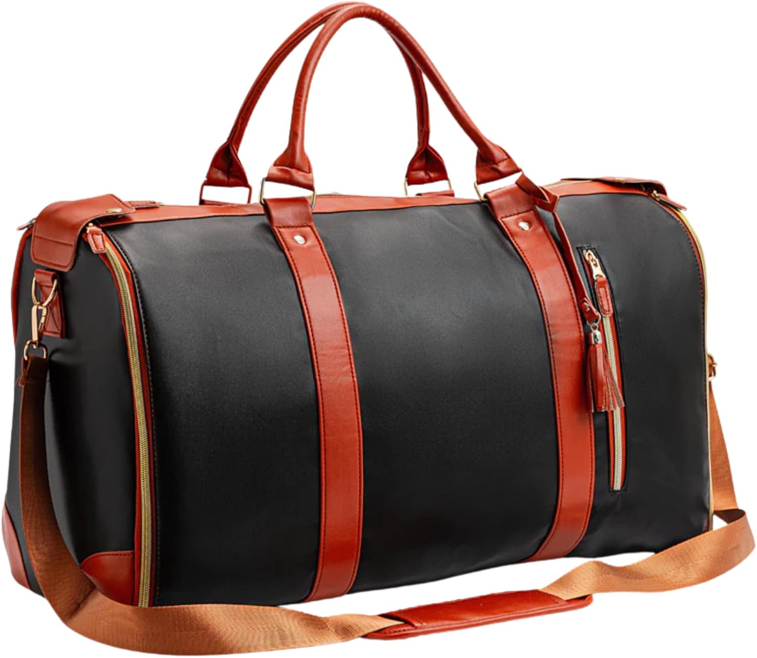 Black duffel bag with brown leather straps and accents on a white background