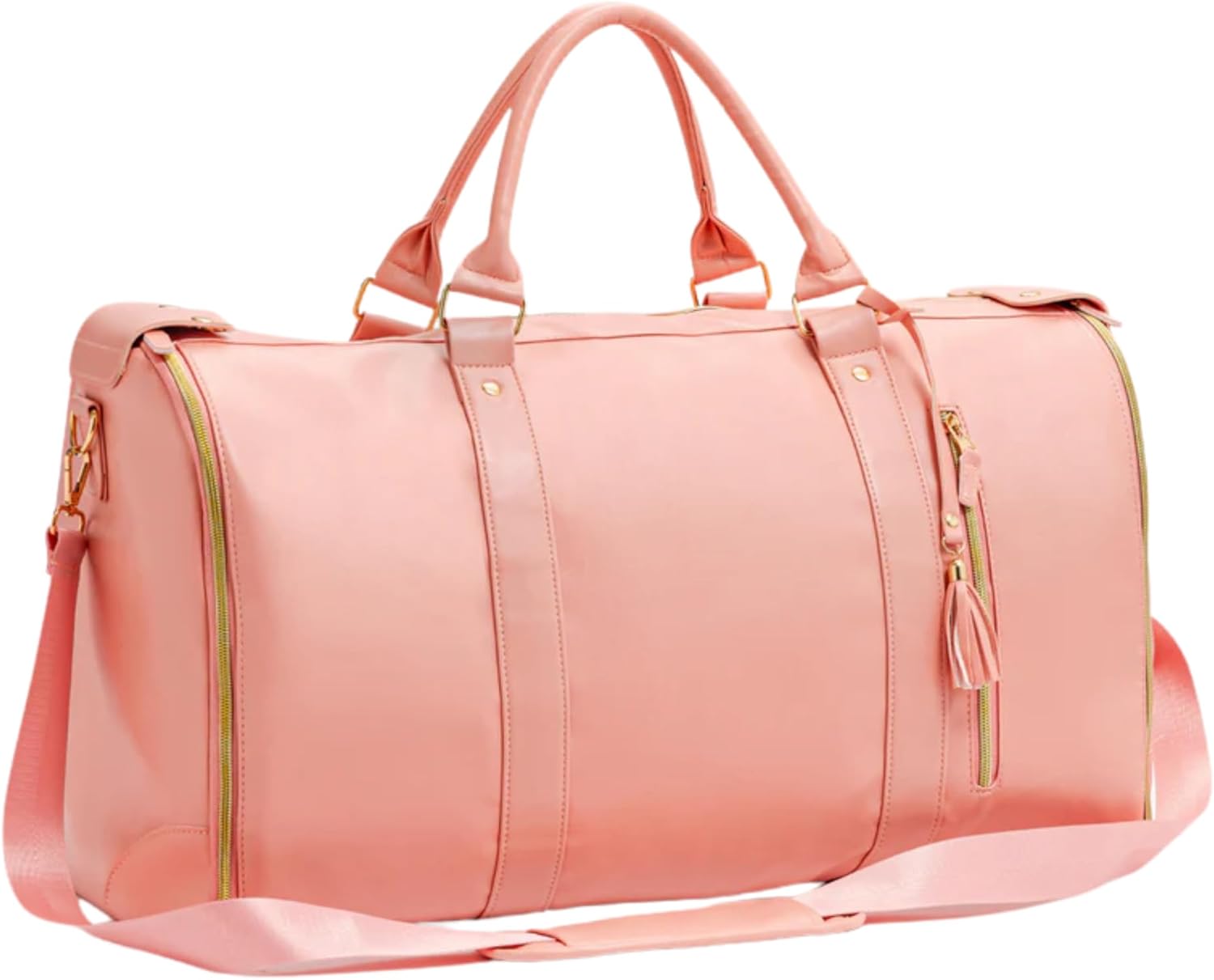 Pink duffel bag with gold zippers on a white background