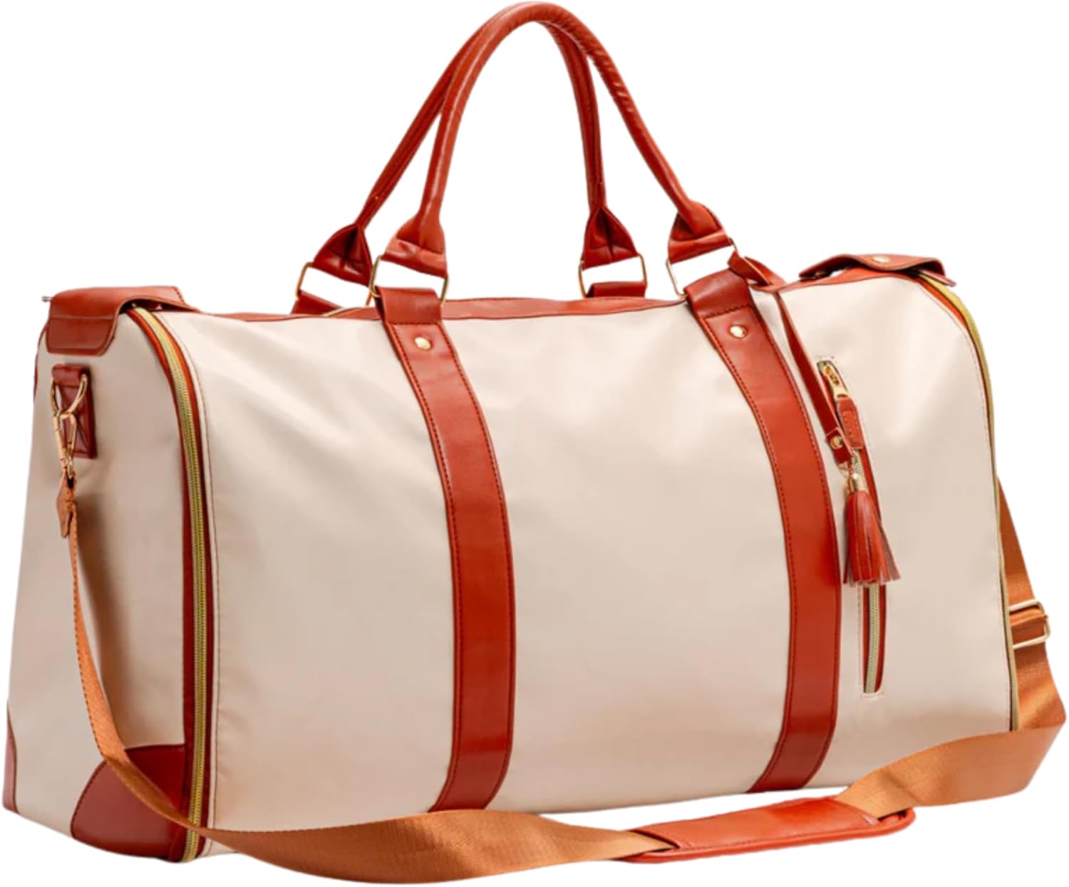 White duffel bag with brown straps on a white background